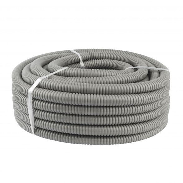 Tubo conduit flexible corrugado de PVC, color gris, disponible en milímetros y pulgadas (formato en rollo)