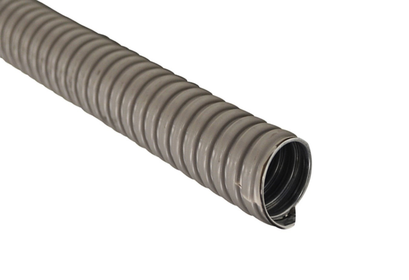 Tubo conduit flexible corrugado de PVC, color gris, disponible en milímetros y pulgadas (formato en rollo)