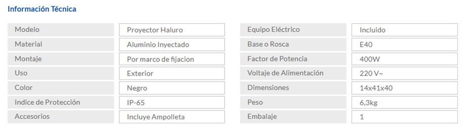 Proyector Area Haluro Metal 400W C/Ampolleta
