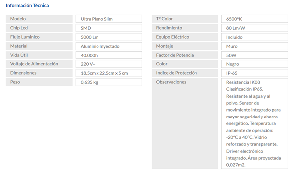 Proyector De Área Led Ultra Plano C/ Sensor 50W (Dob) Luz Día